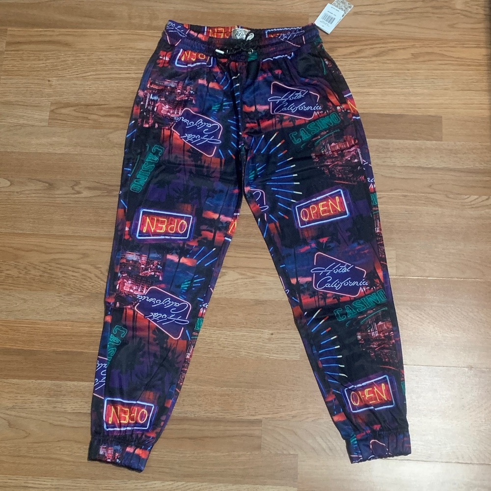 Fresh Neon Sign Print Jogger Pants - Black/Purple